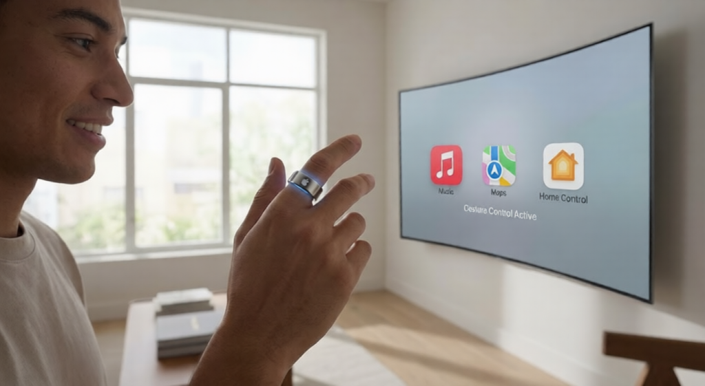 Person using hand gestures with the Apple Smart Ring to control a smart screen