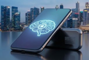 Futuristic EdgeAI Smartphones concept with a glowing AI chip