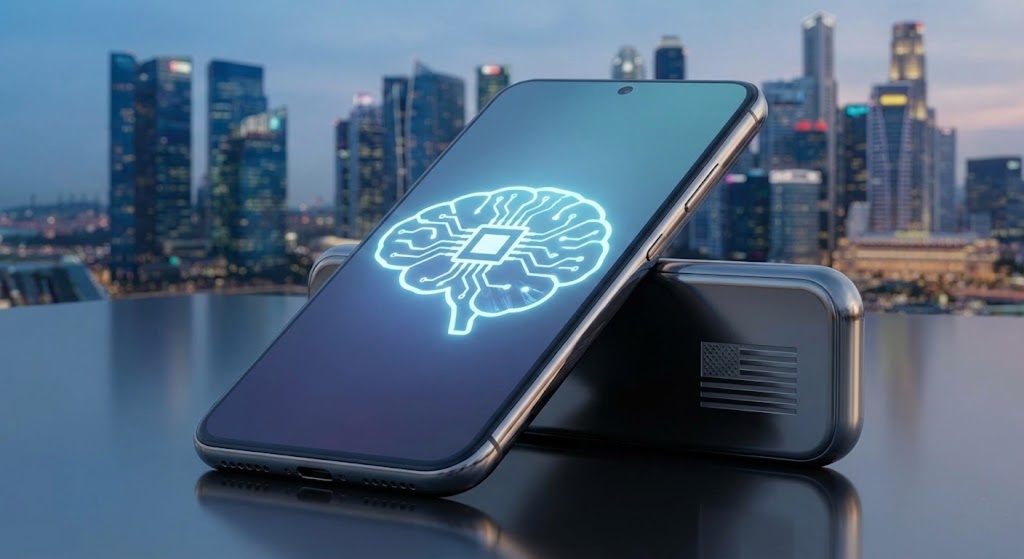 Futuristic EdgeAI Smartphones concept with a glowing AI chip
