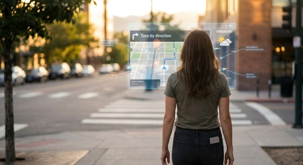 Over-the-shoulder view of a person walking in a modern city looking at an augmented reality map overlay through smart contact lenses