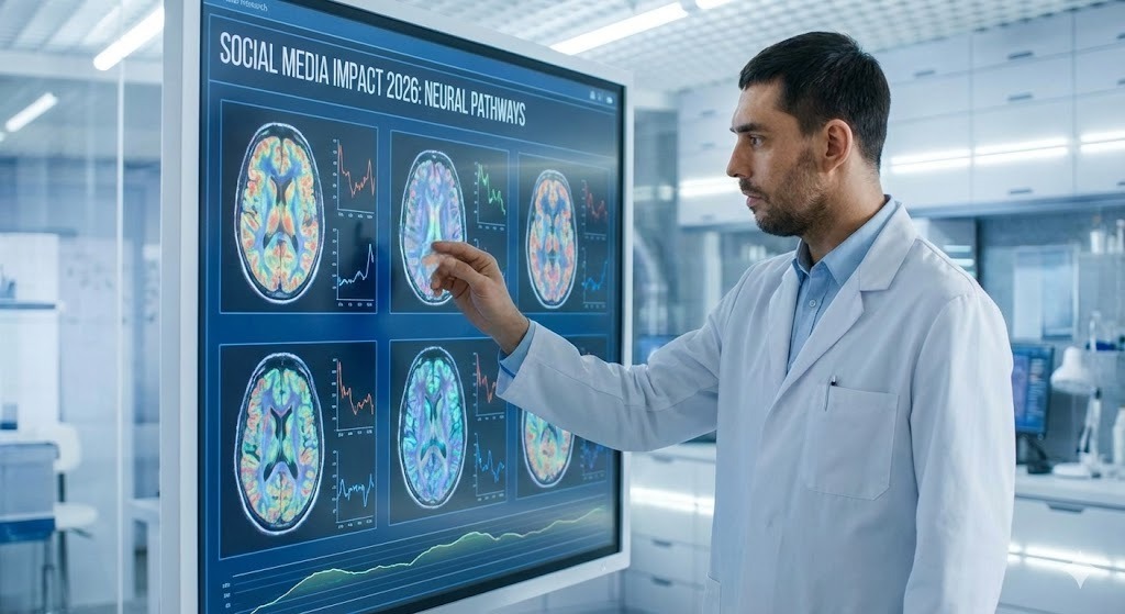 Doctor studying the Social Media Brain Impact 2026 on a digital screen
