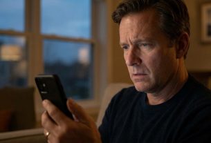 A scared US voter looks at a confused AI Deepfake image of a leader on a large screen