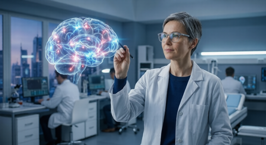 Neuroscientist viewing Brain Implant Tech 2026 neural pathways on a dynamic screen