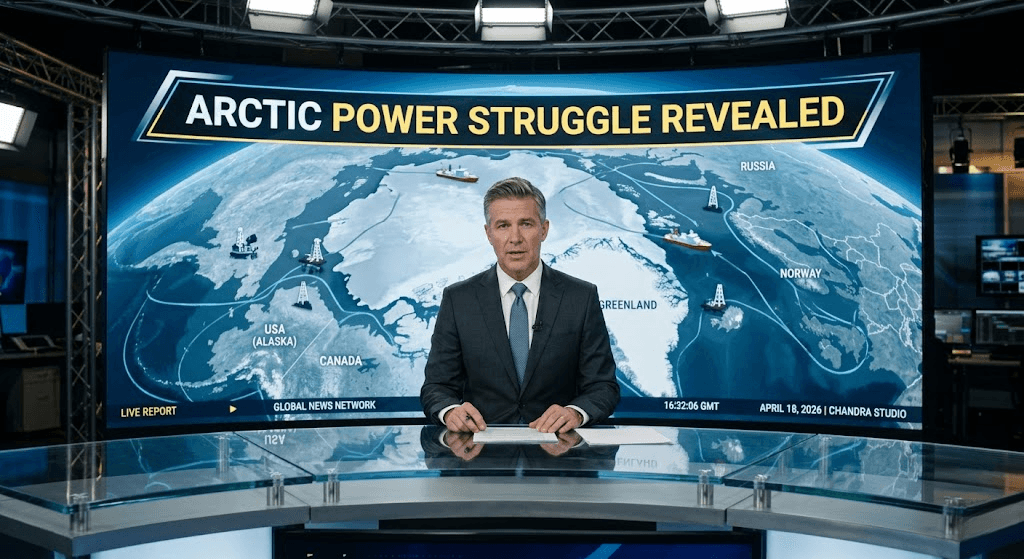 News Anchor reporting on Arctic Power Struggle