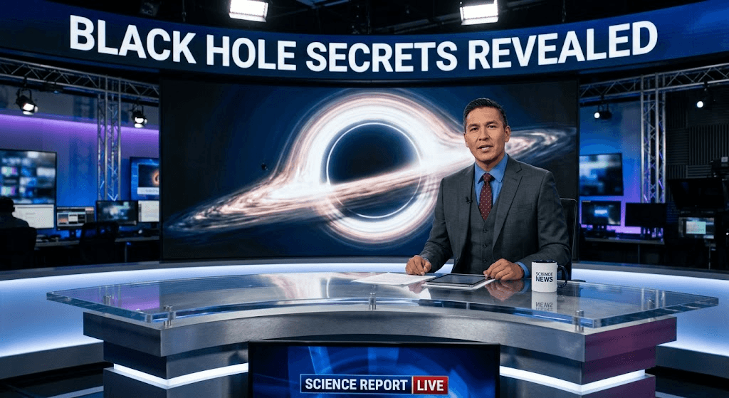 News Anchor reporting on Black Hole Mysteries