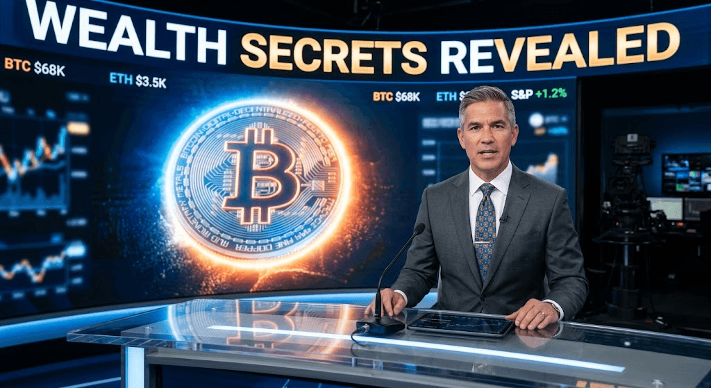 News Anchor reporting on Crypto Market Secrets
