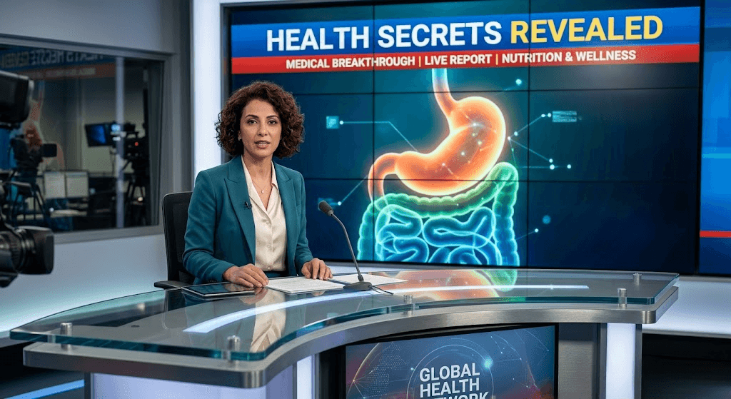 News Anchor reporting on Gut Microbiome Secrets