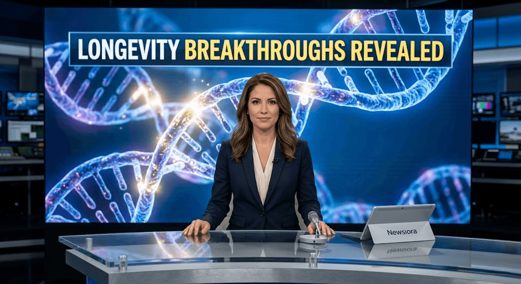 News Anchor reporting on Longevity Breakthroughs