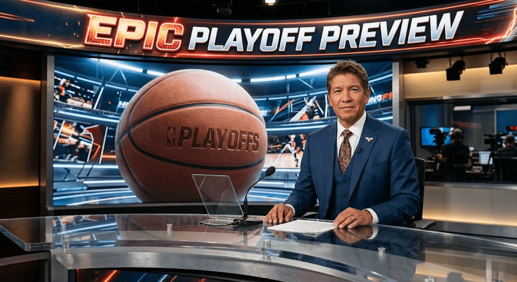 News Anchor reporting on NBA Playoffs