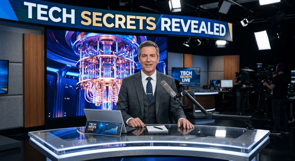 News Anchor reporting on Quantum Computing Secrets