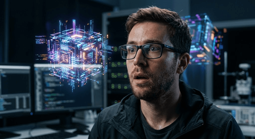 Amazed tech researcher discovering Quantum Computing Secrets