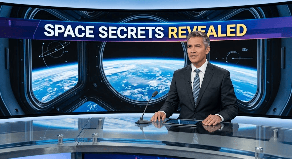 News Anchor reporting on Space Tourism Secrets