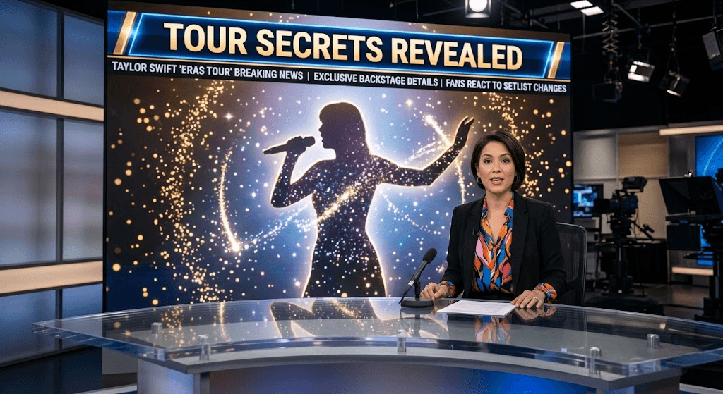 News Anchor reporting on Taylor Swift Eras Tour 2026