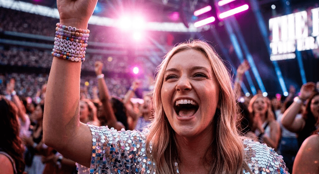 Excited fan cheering for Taylor Swift Eras Tour 2026