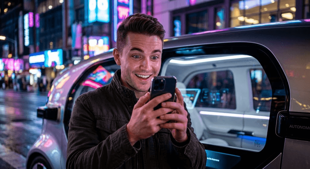 Excited tech fan checking Tesla Robotaxi Update