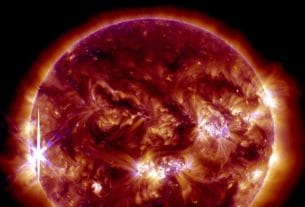 A massive class X solar flare erupting from the surface of the sun
