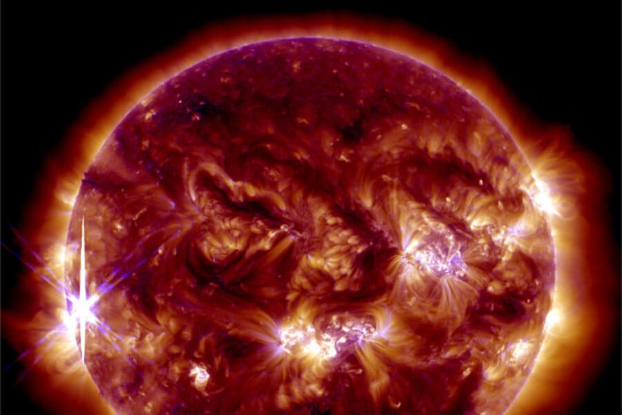 A massive class X solar flare erupting from the surface of the sun