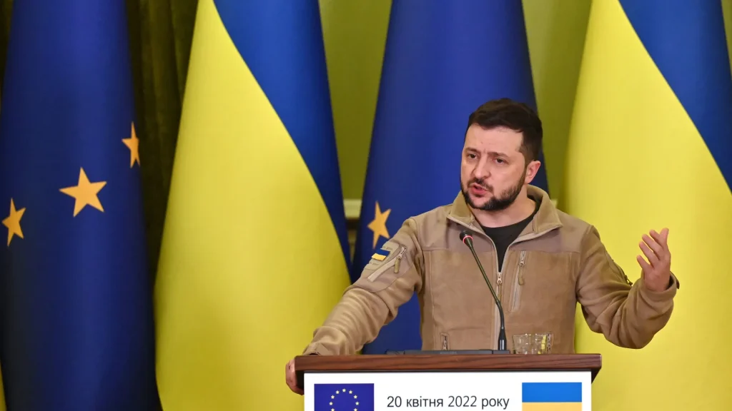 Ukrainian President Volodymyr Zelensky giving a press briefing