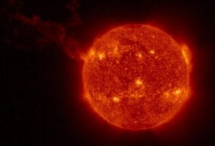 A massive solar flare showing a severe solar storm warning for earth today