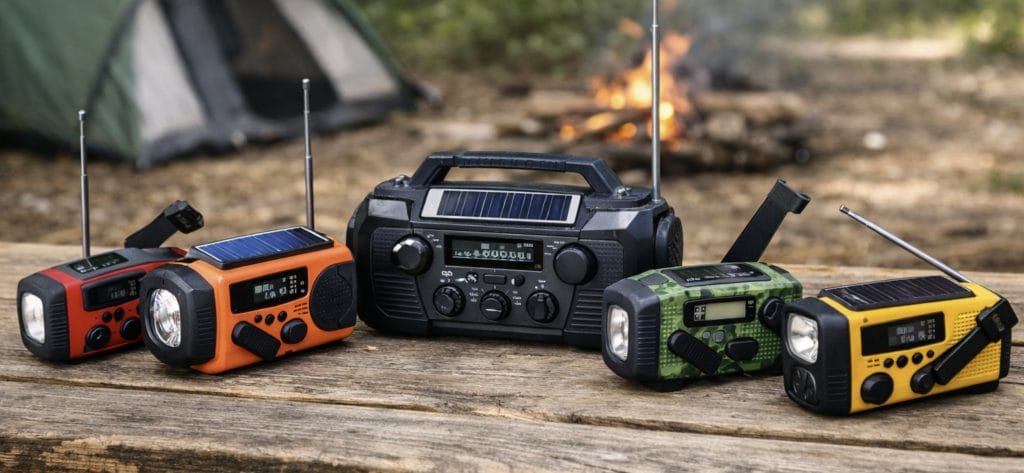 An emergency weather radio and flashlight ready for power outages