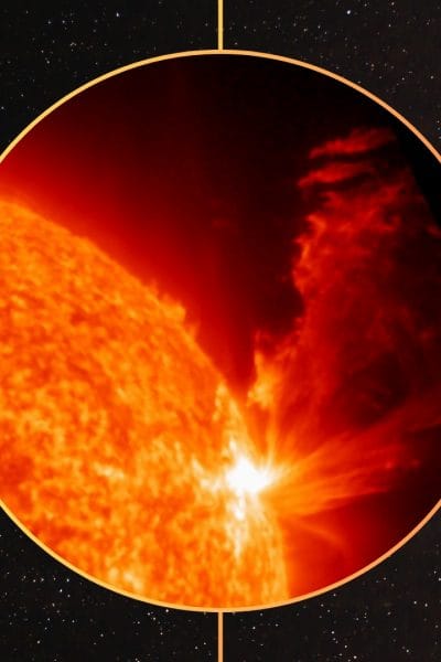A massive solar flare causing a dangerous solar storm warning for earth
