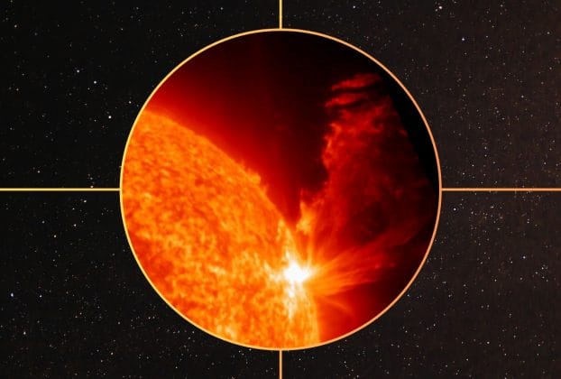 A massive solar flare causing a dangerous solar storm warning for earth