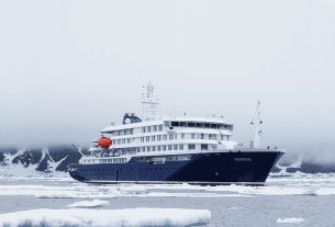 A large cruise ship sailing on the open ocean under cloudy skies