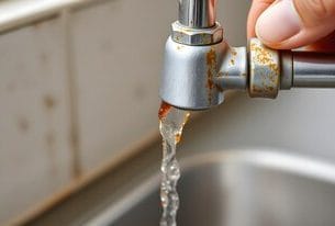 A close up of a faucet showing the dangerous tap water alert in a home
