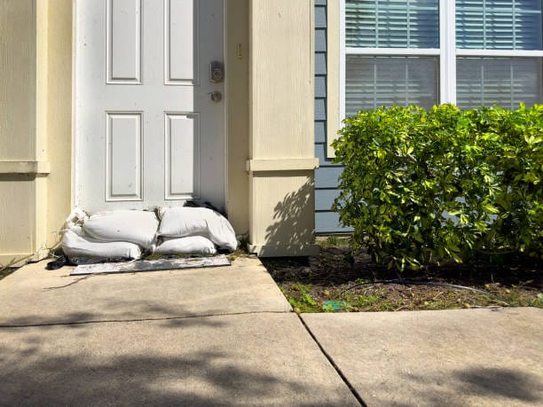 Sandbags stacked to protect a home during a massive flash flood emergency